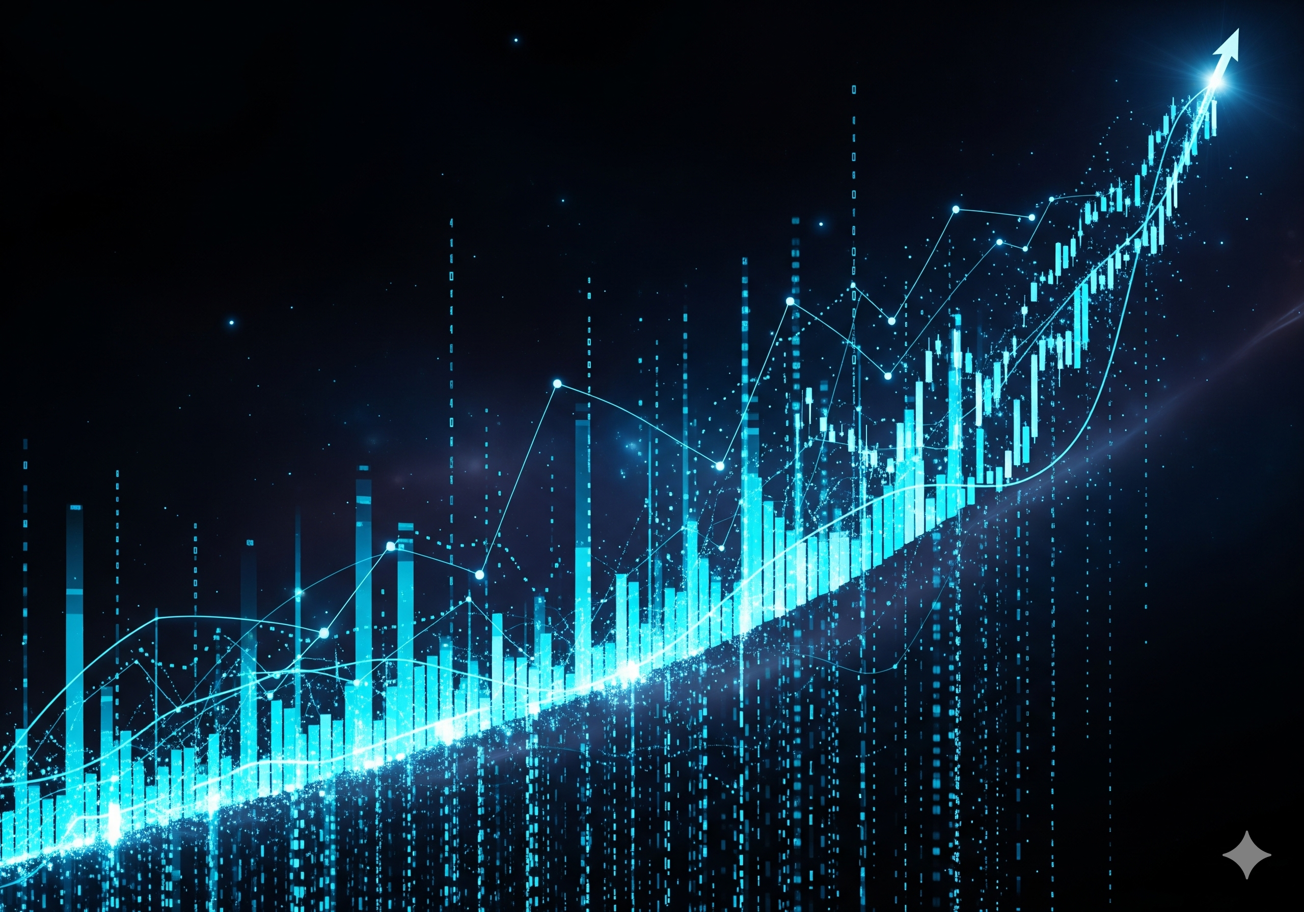 Digital financial chart with glowing blue bars and upward-trending lines representing financial growth and data analysis in a futuristic, optimistic environment. No visible text in the image.